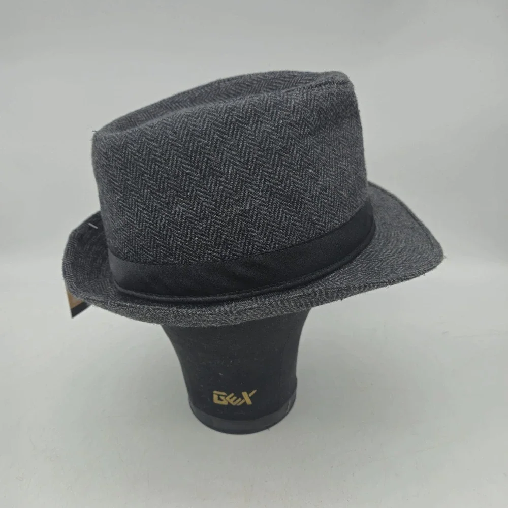 Hipster Fedora Hat Mens Small Medium Gray Polyester‎ Herringbone Black Band